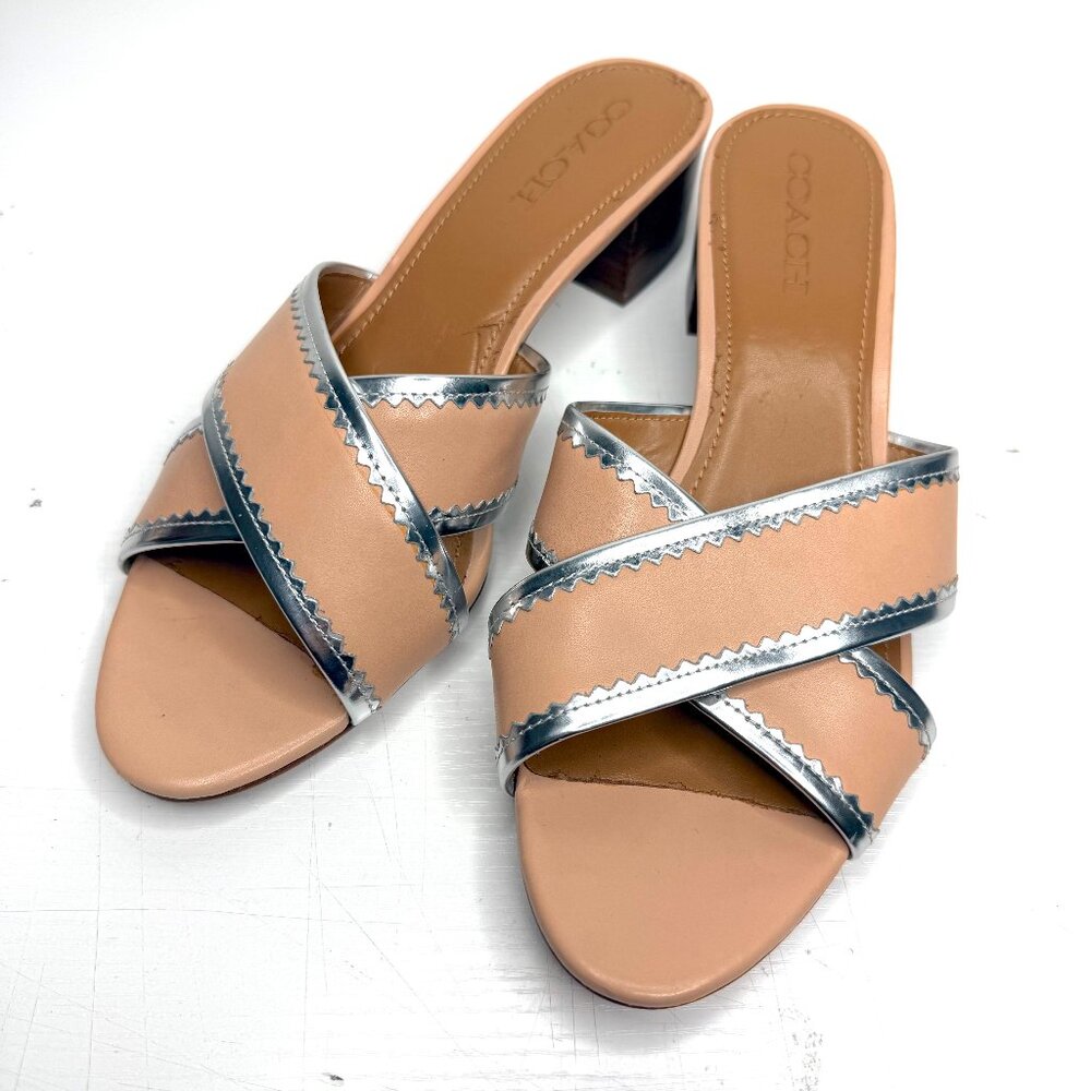 COACH Murielle Leather Slip On Slide Low Heel Mule Sandals 11 B Beachwood Silver